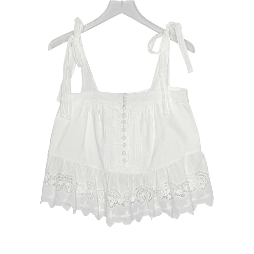 St. Roche White Cami Top 0 Tie Shoulder Straps Button Front Lace Trimmed Cottage